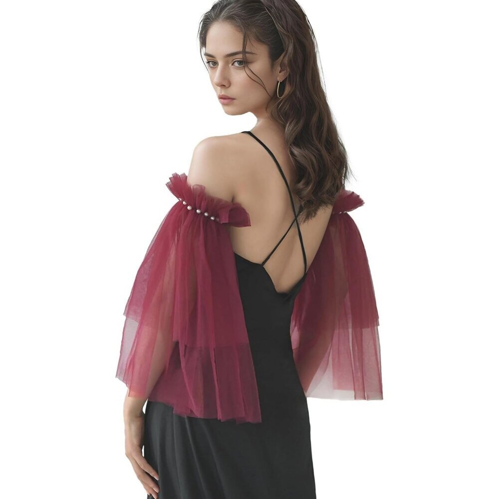 Women's Wedding Puffy Fingerless Red Detachable Long Sleeves Ruffled Gloves